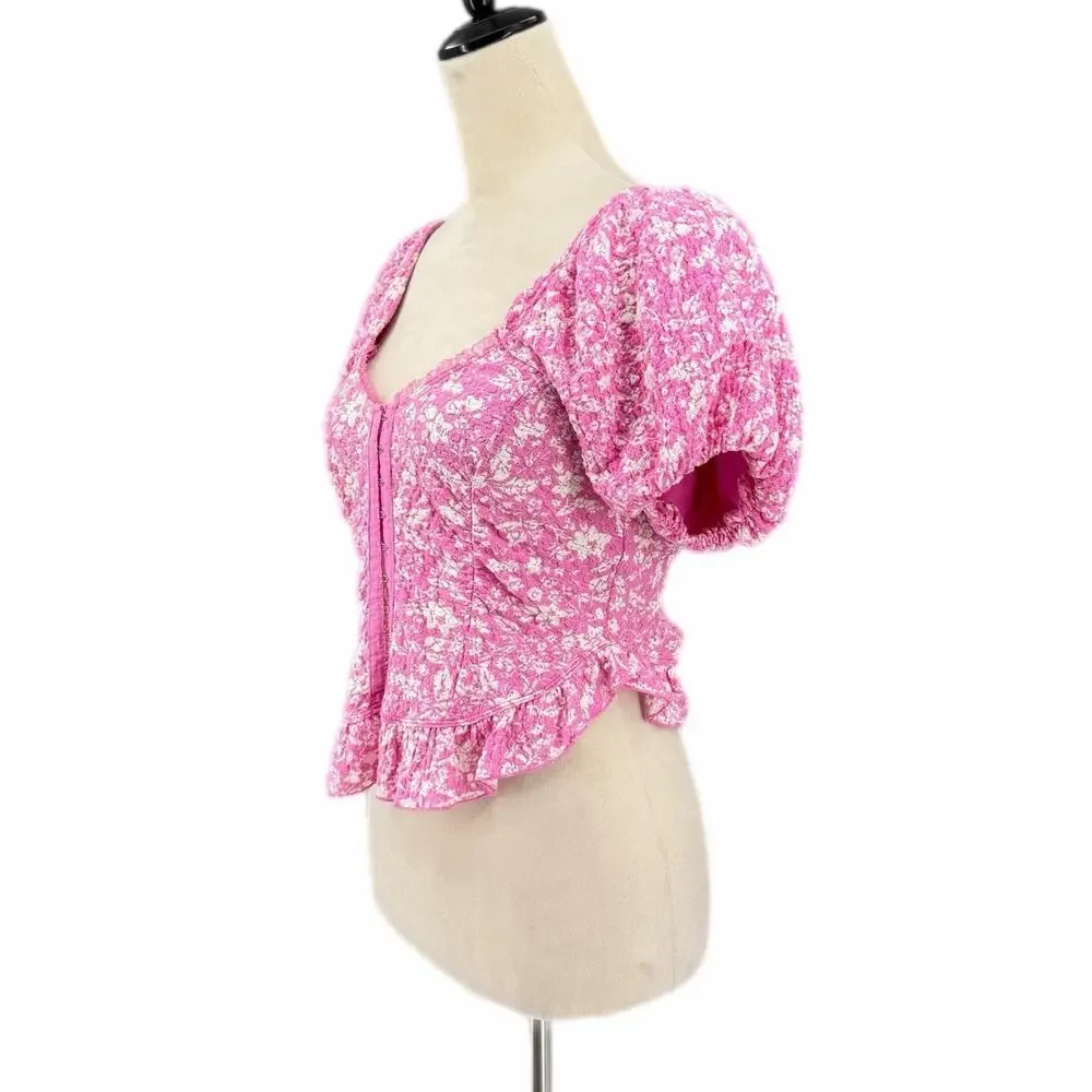 Free People Oh Baby Pink White Corset Puff Sleeve Ruffle Lace Eyelet Blouse Top